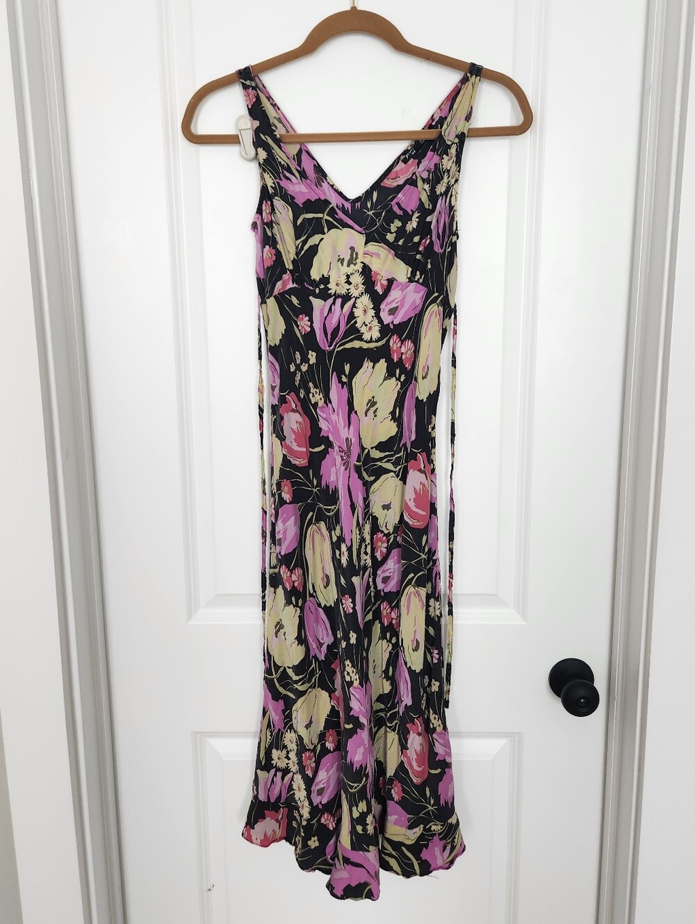 Vintage Betsey Johnson Silk Floral Midi Dress  Tie Waist Small